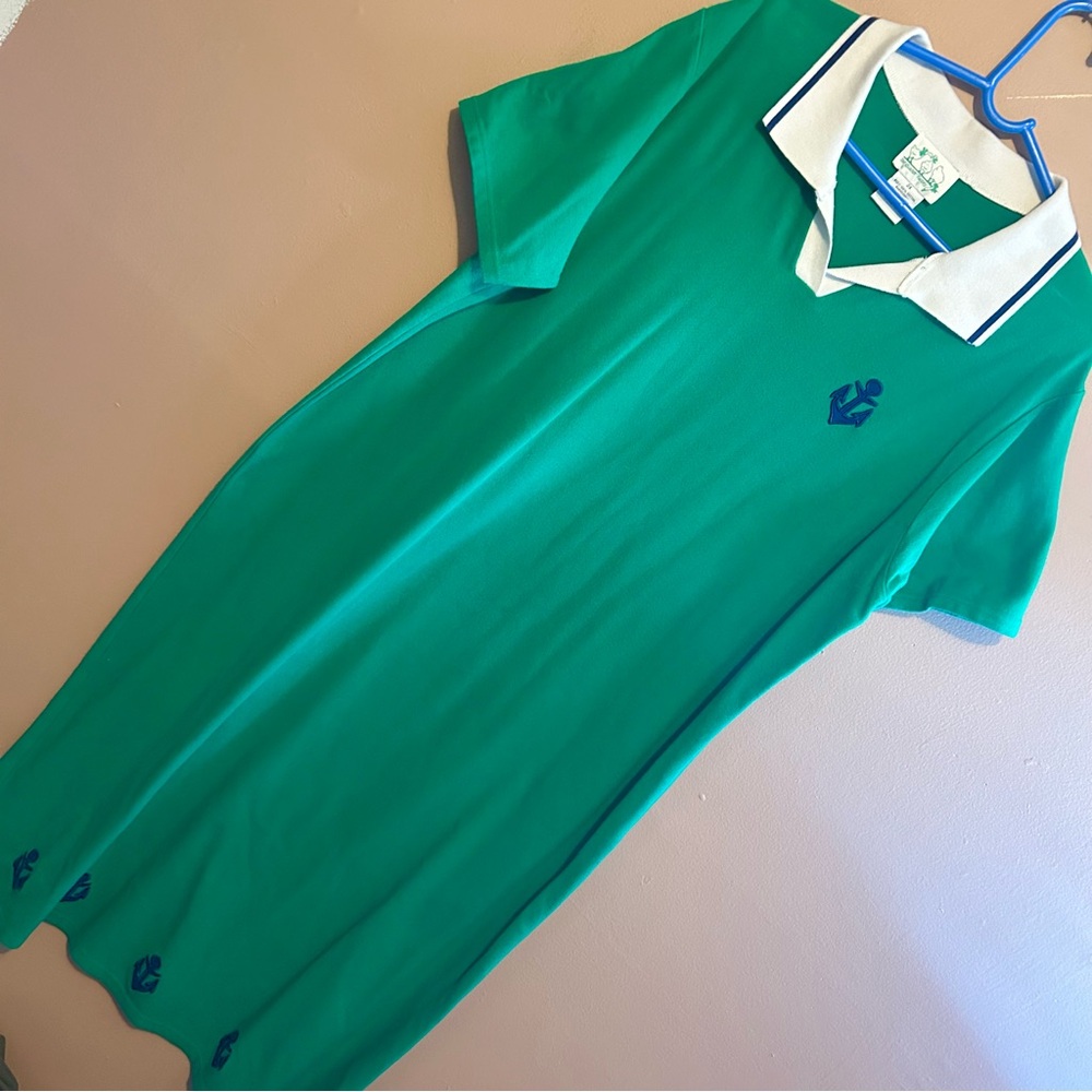 Quacker Factory Green Polo Midi Dress with White Collar and Navy Trim